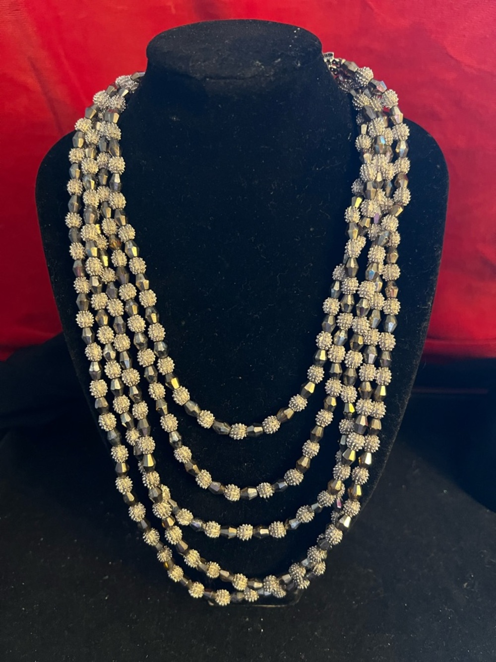 CROWN TRIFARI Vintage 5-Strand Silver Tone Textured & Smooth Beads Necklace